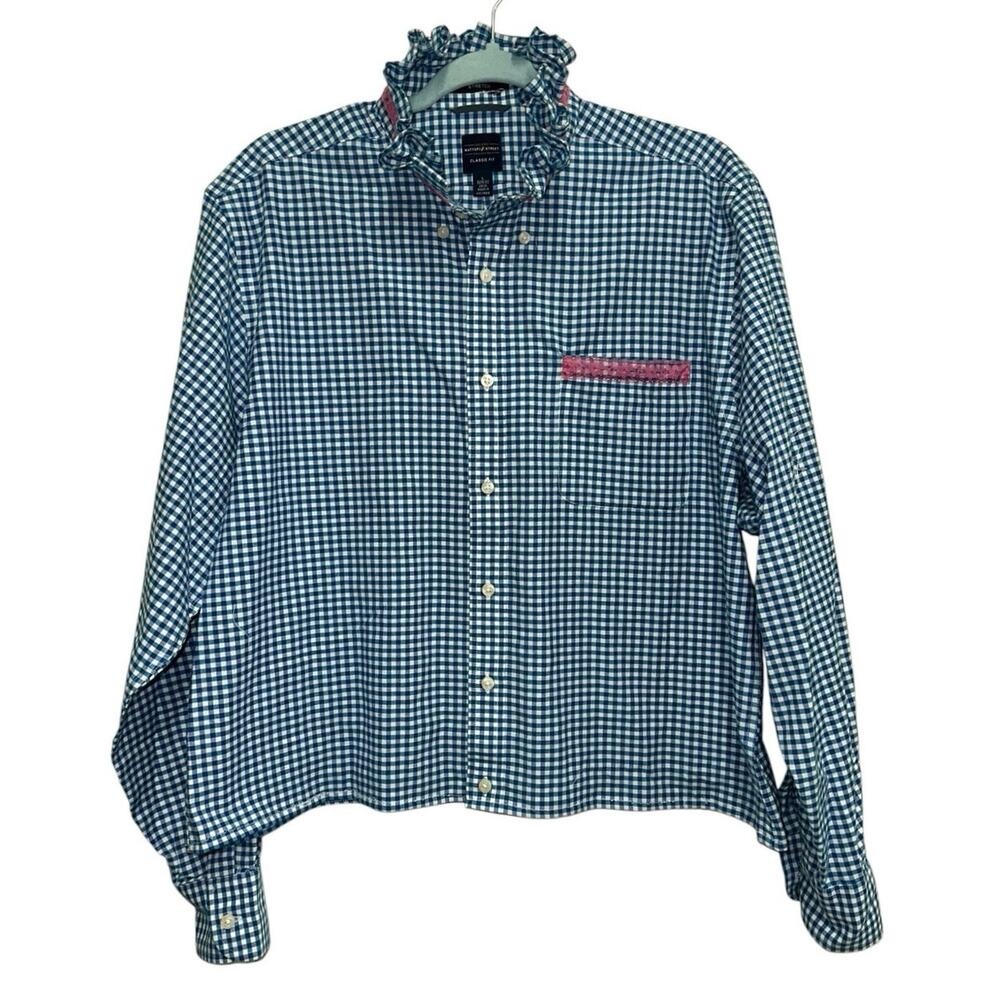 One‎ of a Kind Blue Gingham Ruffle Collar Shirt Pink Lace Cottagecore Large